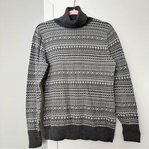 L.L. Bean Fair Isle Turtleneck Sweater M Cotton Cashmere Gray Nordic Cabin